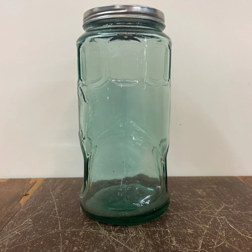 Vintage Aqua Green Glass‎ Storage Jar with Metal Lid Tall Kitchen Decor